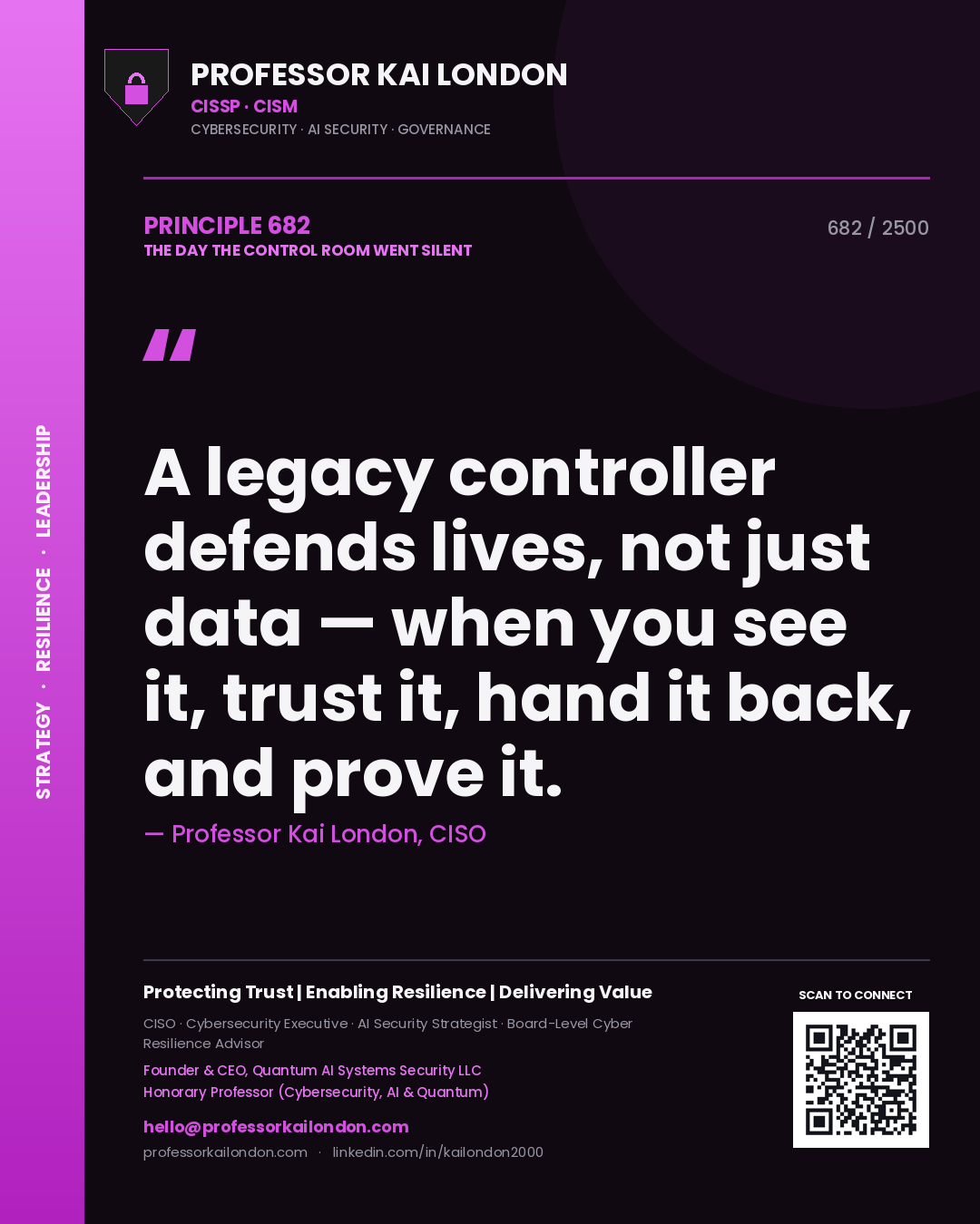 Quote card by Professor Kai London reading 'A legacy controller defends lives, not just data — when you see it, trust it, hand it back, and prove it.'. From the book The Day the Control Room Went Silent.