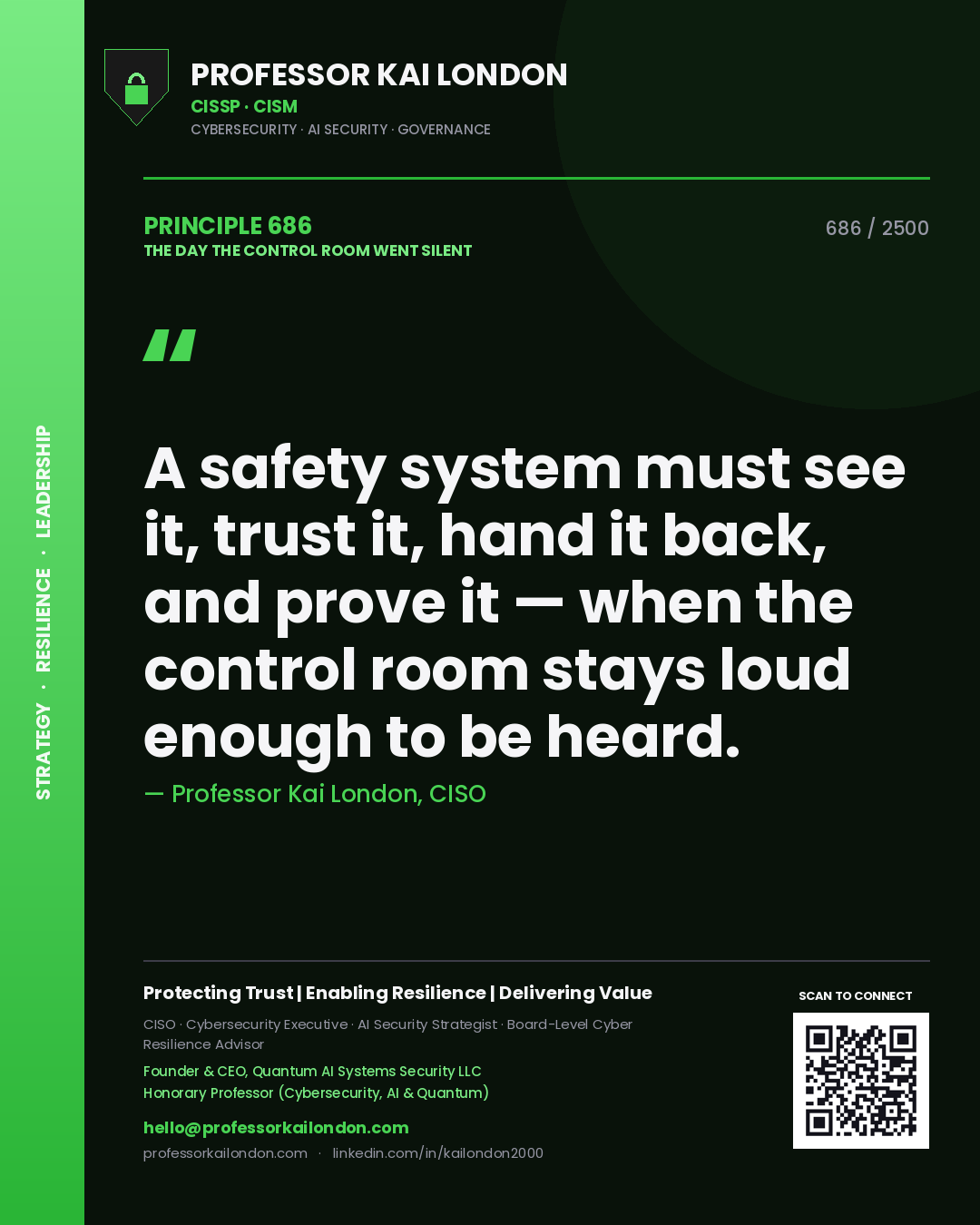 Quote card by Professor Kai London reading 'A safety system must see it, trust it, hand it back, and prove it — when the control room stays loud enough to be heard.'. From the book The Day the Control Room Went Silent.