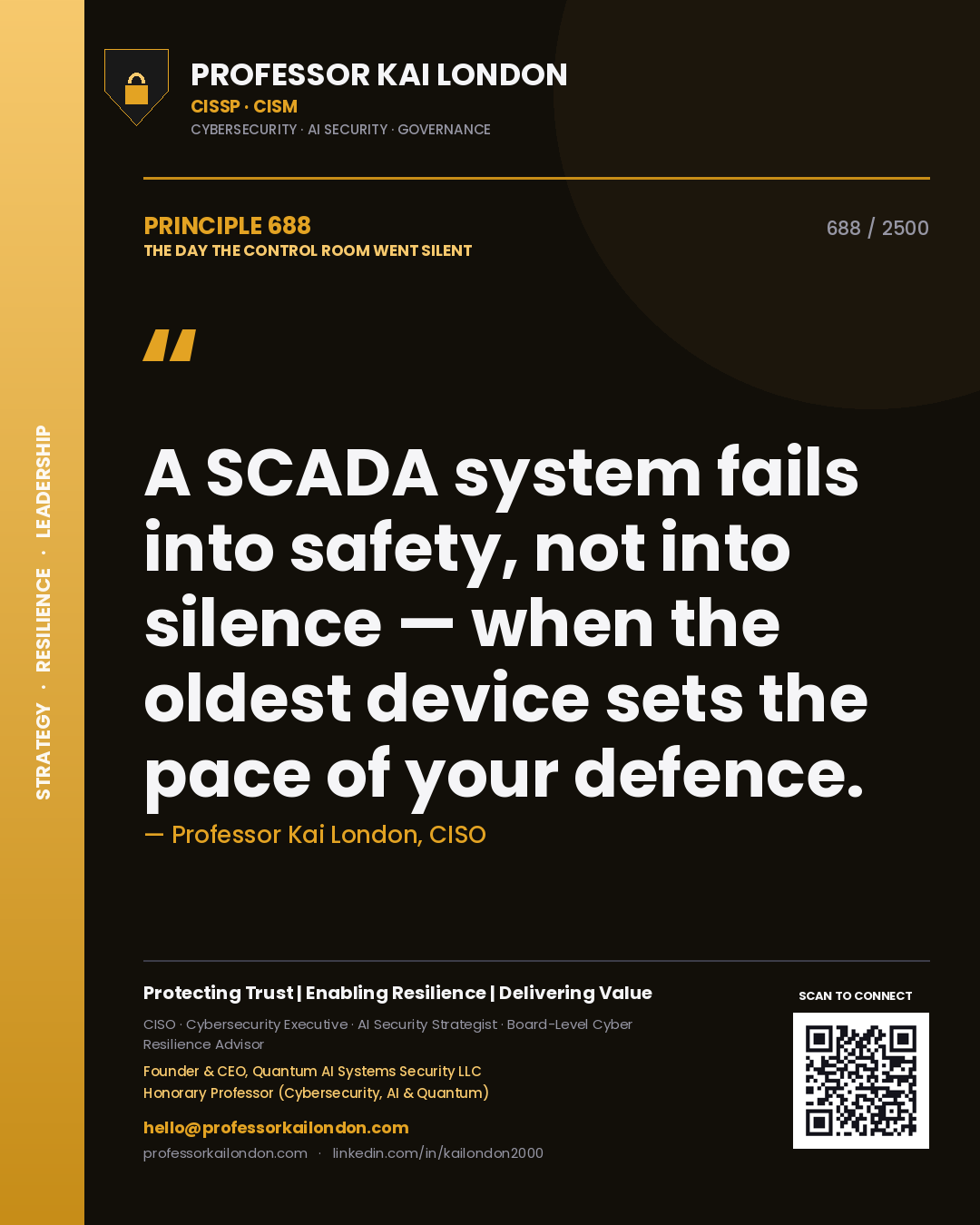 Quote card by Professor Kai London reading 'A SCADA system fails into safety, not into silence — when the oldest device sets the pace of your defence.'. From the book The Day the Control Room Went Silent.