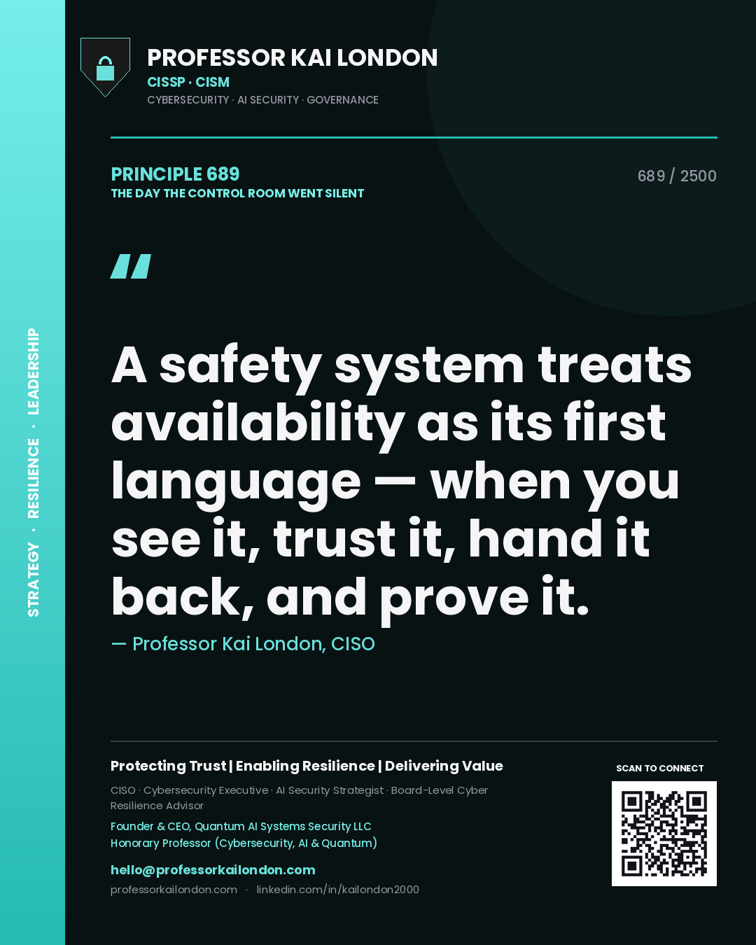 Quote card by Professor Kai London reading 'A safety system treats availability as its first language — when you see it, trust it, hand it back, and prove it.'. From the book The Day the Control Room Went Silent.
