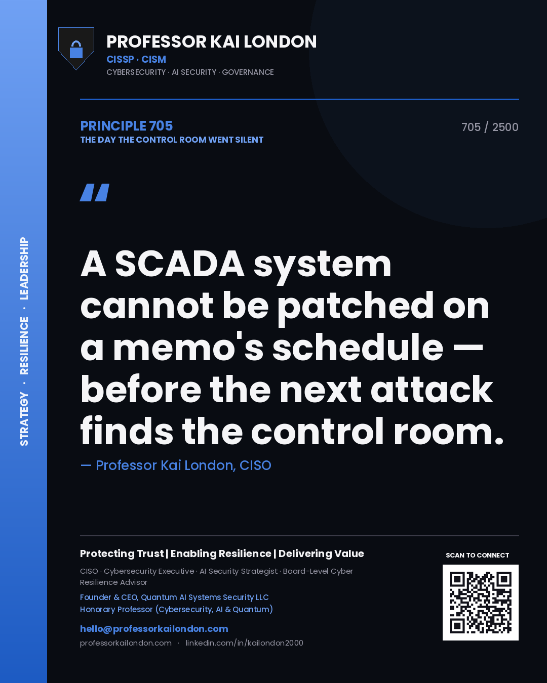Quote card by Professor Kai London reading 'A SCADA system cannot be patched on a memo's schedule — before the next attack finds the control room.'. From the book The Day the Control Room Went Silent.