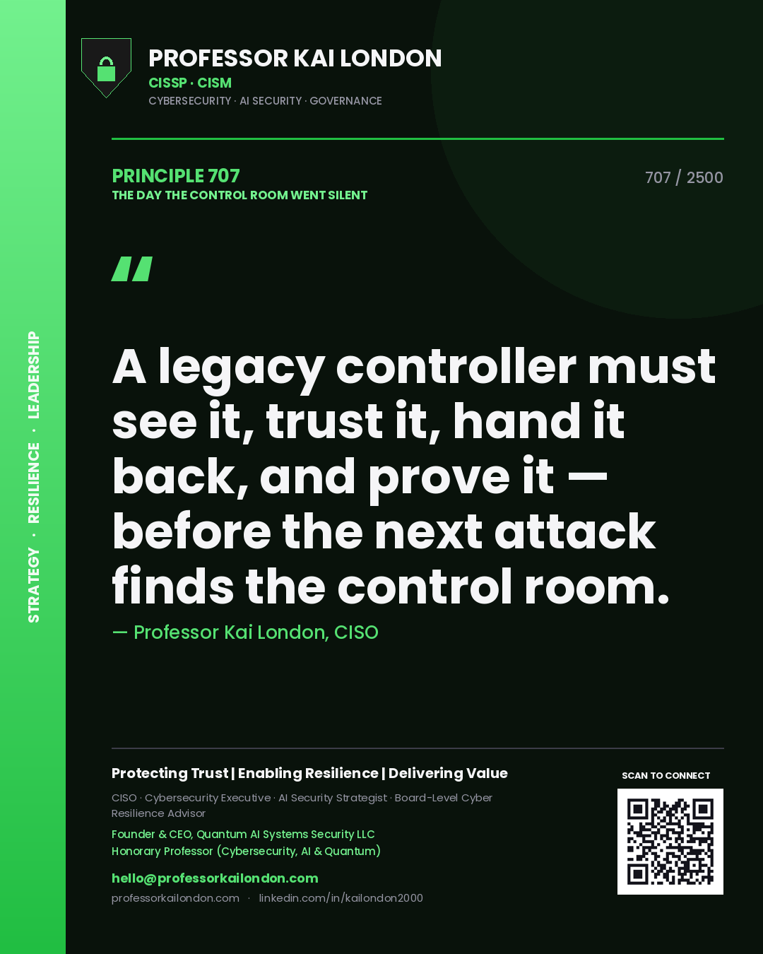 Professor Kai London principle 707: A legacy controller must see it, trust it, hand it back, and prove it — before the next attack finds the control room.