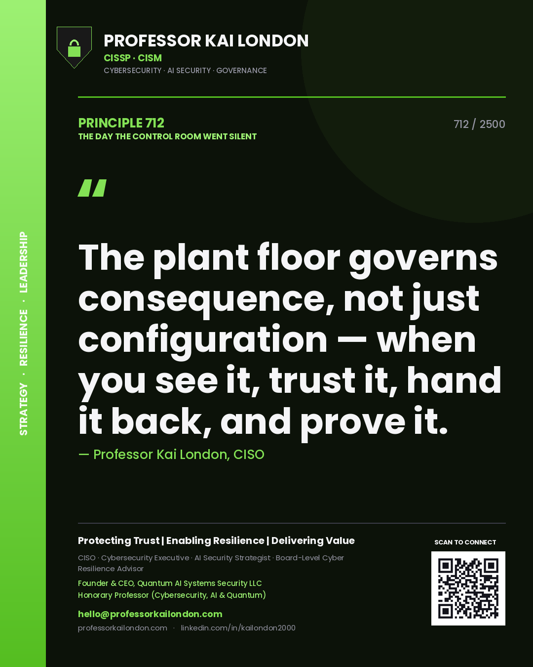 Quote card by Professor Kai London reading 'The plant floor governs consequence, not just configuration — when you see it, trust it, hand it back, and prove it.'. From the book The Day the Control Room Went Silent.