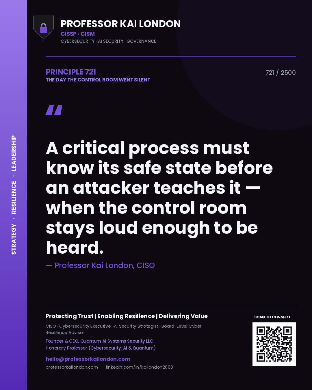 Quote card by Professor Kai London reading 'A critical process must know its safe state before an attacker teaches it — when the control room stays loud enough to be heard.'. From the book The Day the Control Room Went Silent.