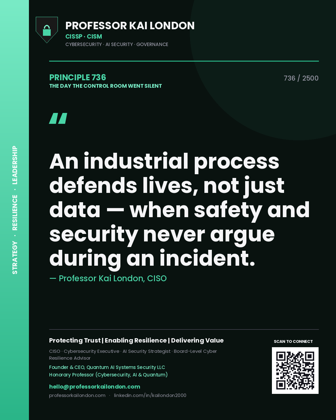 Quote card by Professor Kai London reading 'An industrial process defends lives, not just data — when safety and security never argue during an incident.'. From the book The Day the Control Room Went Silent.