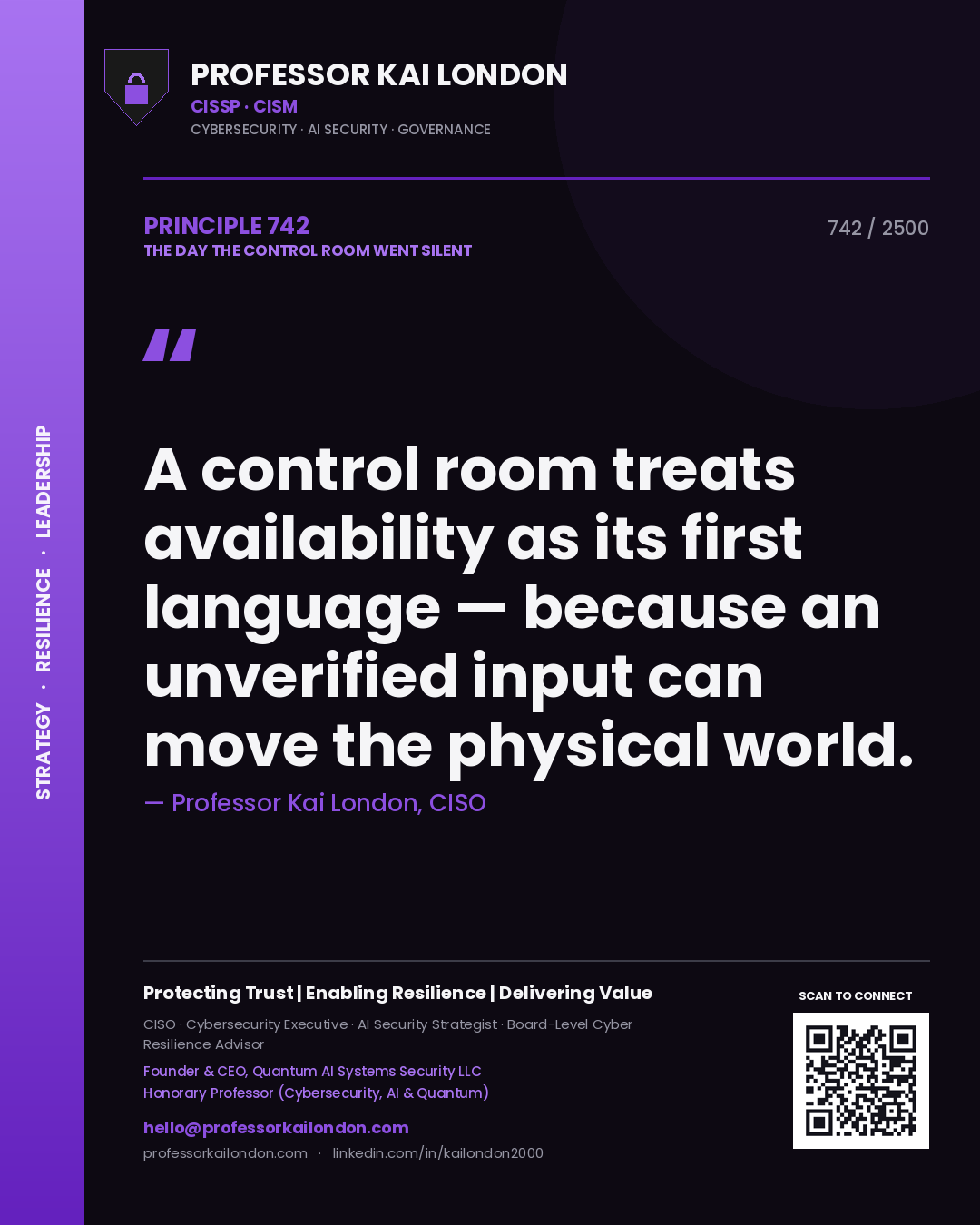 Quote card by Professor Kai London reading 'A control room treats availability as its first language — because an unverified input can move the physical world.'. From the book The Day the Control Room Went Silent.