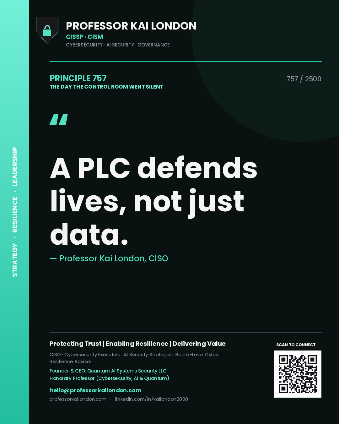 Quote card by Professor Kai London reading 'A PLC defends lives, not just data.'. From the book The Day the Control Room Went Silent.