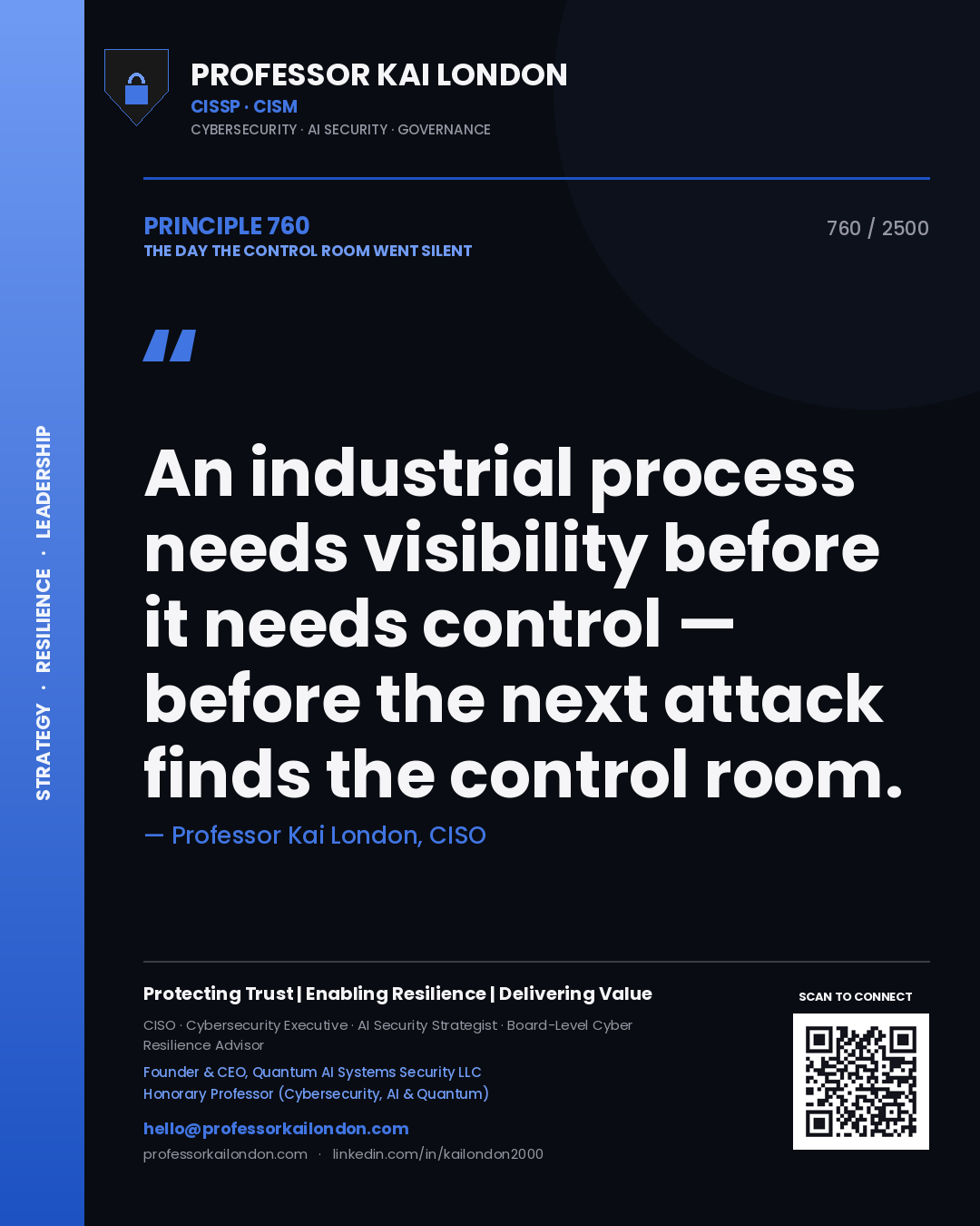 Quote card by Professor Kai London reading 'An industrial process needs visibility before it needs control — before the next attack finds the control room.'. From the book The Day the Control Room Went Silent.