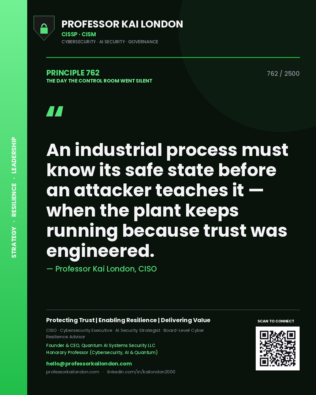 Professor Kai London principle 762: An industrial process must know its safe state before an attacker teaches it — when the plant keeps running because trust was engineered.