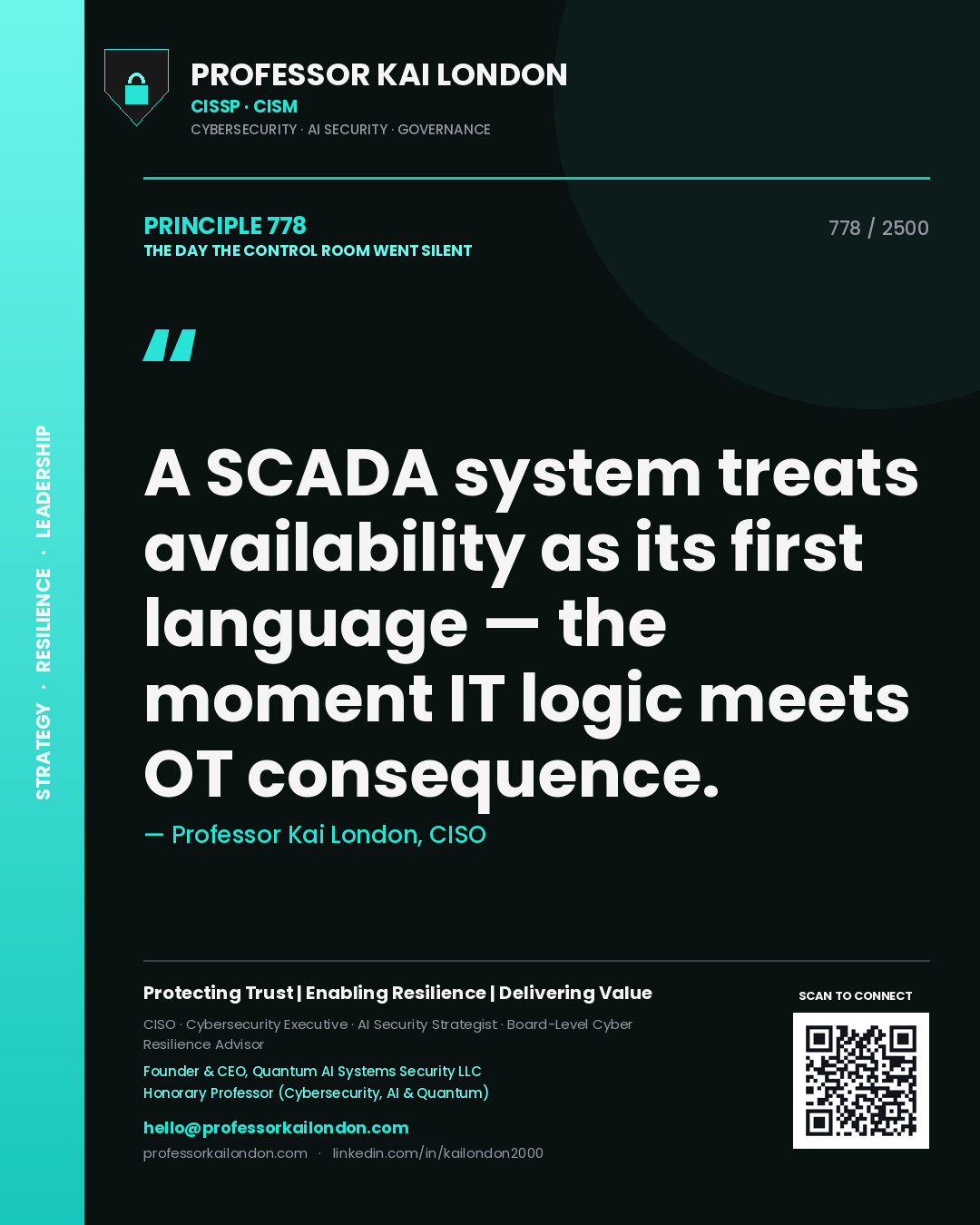 Quote card by Professor Kai London reading 'A SCADA system treats availability as its first language — the moment IT logic meets OT consequence.'. From the book The Day the Control Room Went Silent.