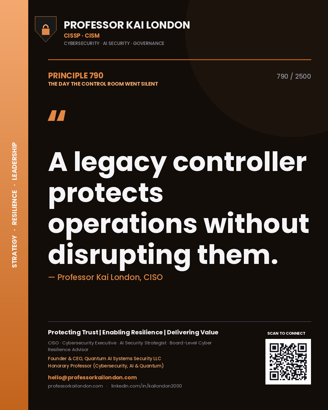 Quote card by Professor Kai London reading 'A legacy controller protects operations without disrupting them.'. From the book The Day the Control Room Went Silent.