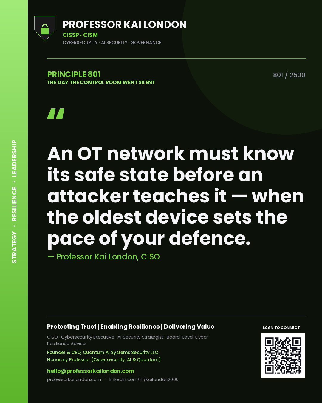 Quote card by Professor Kai London reading 'An OT network must know its safe state before an attacker teaches it — when the oldest device sets the pace of your defence.'. From the book The Day the Control Room Went Silent.