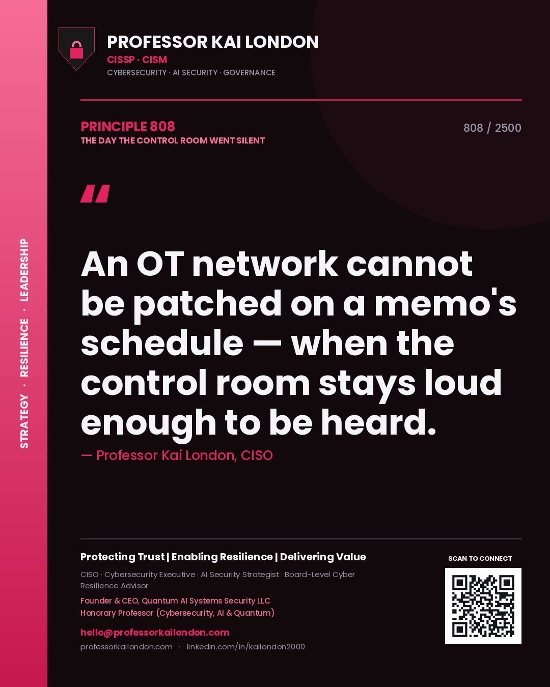 Quote card by Professor Kai London reading 'An OT network cannot be patched on a memo's schedule — when the control room stays loud enough to be heard.'. From the book The Day the Control Room Went Silent.
