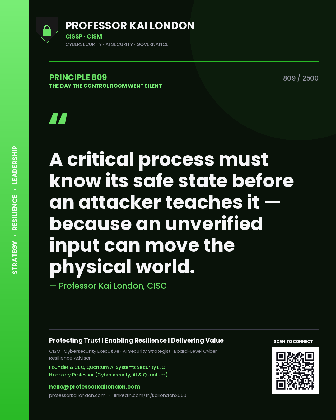 Quote card by Professor Kai London reading 'A critical process must know its safe state before an attacker teaches it — because an unverified input can move the physical world.'. From the book The Day the Control Room Went Silent.