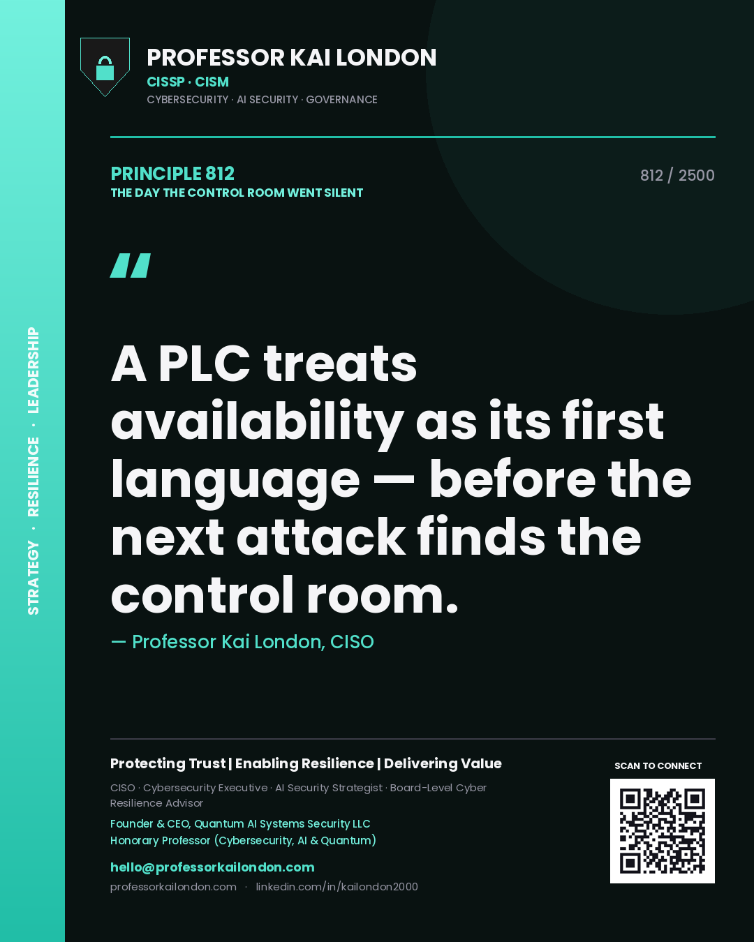 Quote card by Professor Kai London reading 'A PLC treats availability as its first language — before the next attack finds the control room.'. From the book The Day the Control Room Went Silent.