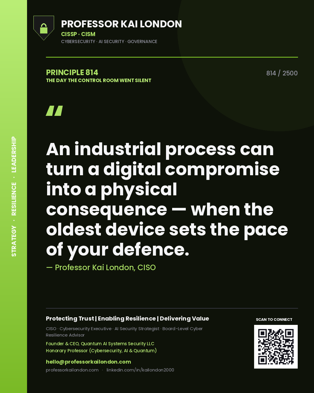 Quote card by Professor Kai London reading 'An industrial process can turn a digital compromise into a physical consequence — when the oldest device sets the pace of your defence.'. From the book The Day the Control Room Went Silent.