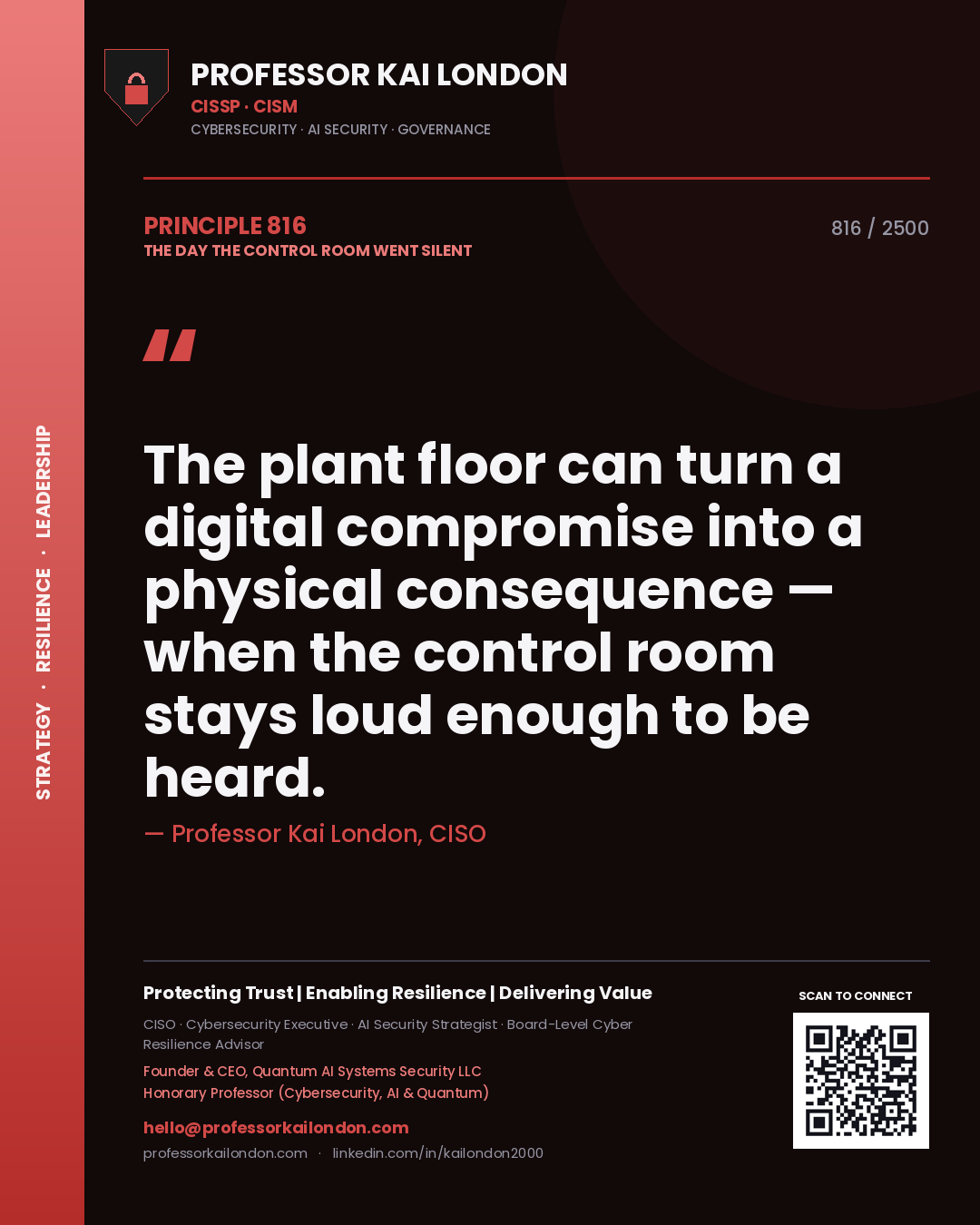 Quote card by Professor Kai London reading 'The plant floor can turn a digital compromise into a physical consequence — when the control room stays loud enough to be heard.'. From the book The Day the Control Room Went Silent.