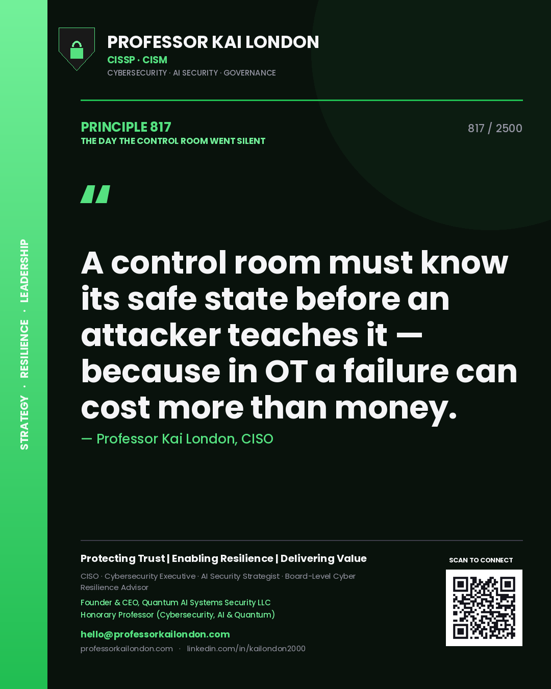 Quote card by Professor Kai London reading 'A control room must know its safe state before an attacker teaches it — because in OT a failure can cost more than money.'. From the book The Day the Control Room Went Silent.