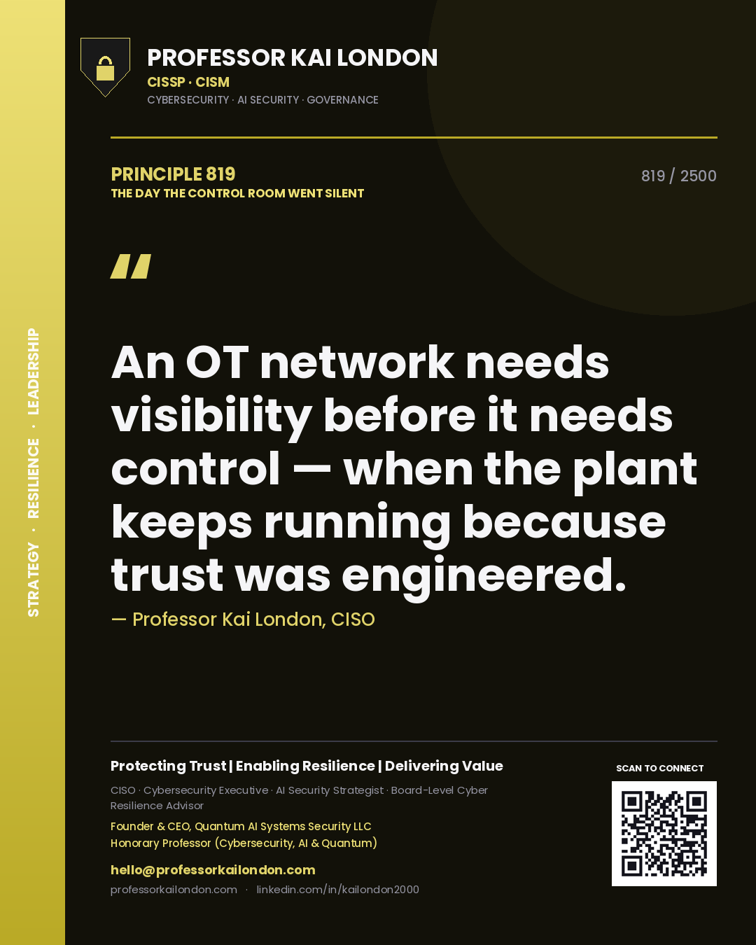 Quote card by Professor Kai London reading 'An OT network needs visibility before it needs control — when the plant keeps running because trust was engineered.'. From the book The Day the Control Room Went Silent.