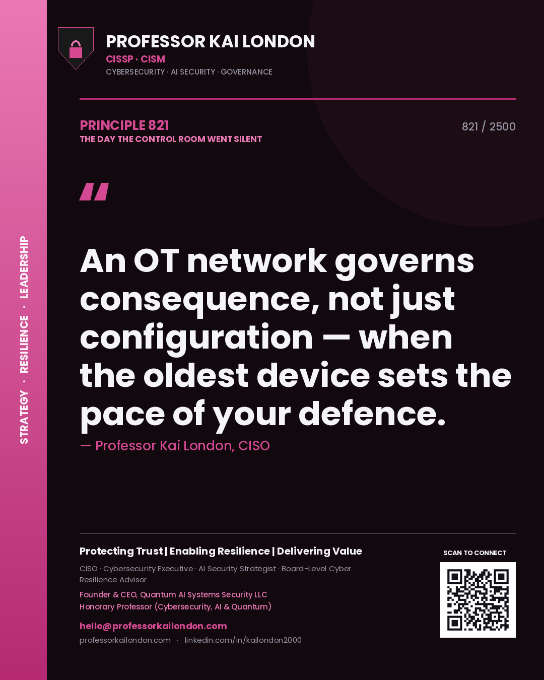 Quote card by Professor Kai London reading 'An OT network governs consequence, not just configuration — when the oldest device sets the pace of your defence.'. From the book The Day the Control Room Went Silent.