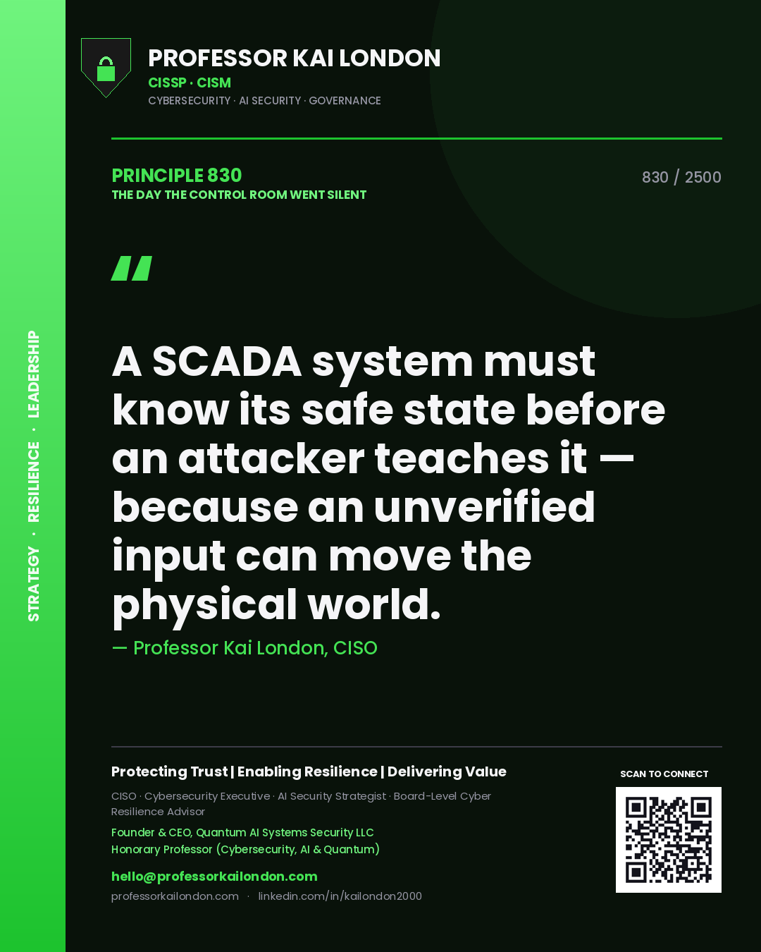 Quote card by Professor Kai London reading 'A SCADA system must know its safe state before an attacker teaches it — because an unverified input can move the physical world.'. From the book The Day the Control Room Went Silent.