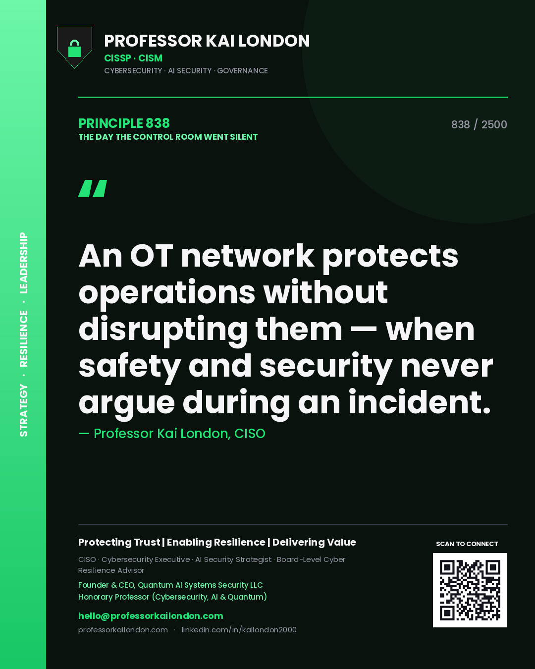 Quote card by Professor Kai London reading 'An OT network protects operations without disrupting them — when safety and security never argue during an incident.'. From the book The Day the Control Room Went Silent.