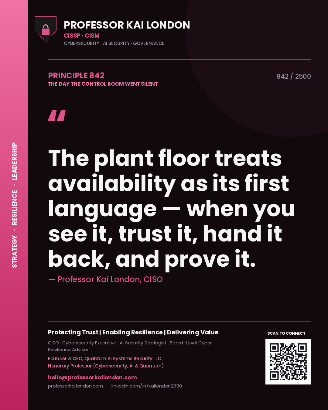 Quote card by Professor Kai London reading 'The plant floor treats availability as its first language — when you see it, trust it, hand it back, and prove it.'. From the book The Day the Control Room Went Silent.