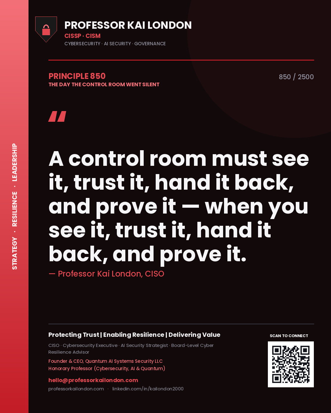 Quote card by Professor Kai London reading 'A control room must see it, trust it, hand it back, and prove it — when you see it, trust it, hand it back, and prove it.'. From the book The Day the Control Room Went Silent.