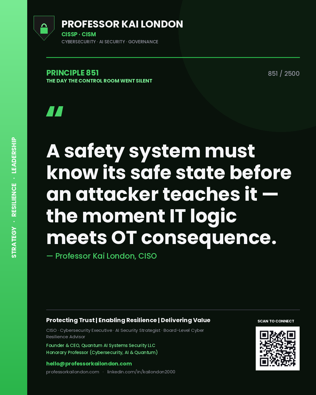 Quote card by Professor Kai London reading 'A safety system must know its safe state before an attacker teaches it — the moment IT logic meets OT consequence.'. From the book The Day the Control Room Went Silent.