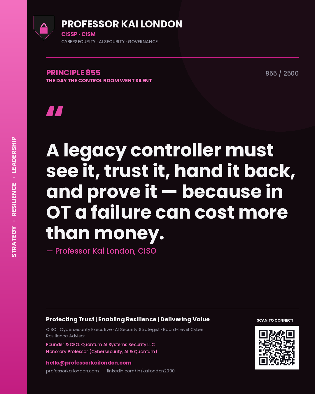 Quote card by Professor Kai London reading 'A legacy controller must see it, trust it, hand it back, and prove it — because in OT a failure can cost more than money.'. From the book The Day the Control Room Went Silent.