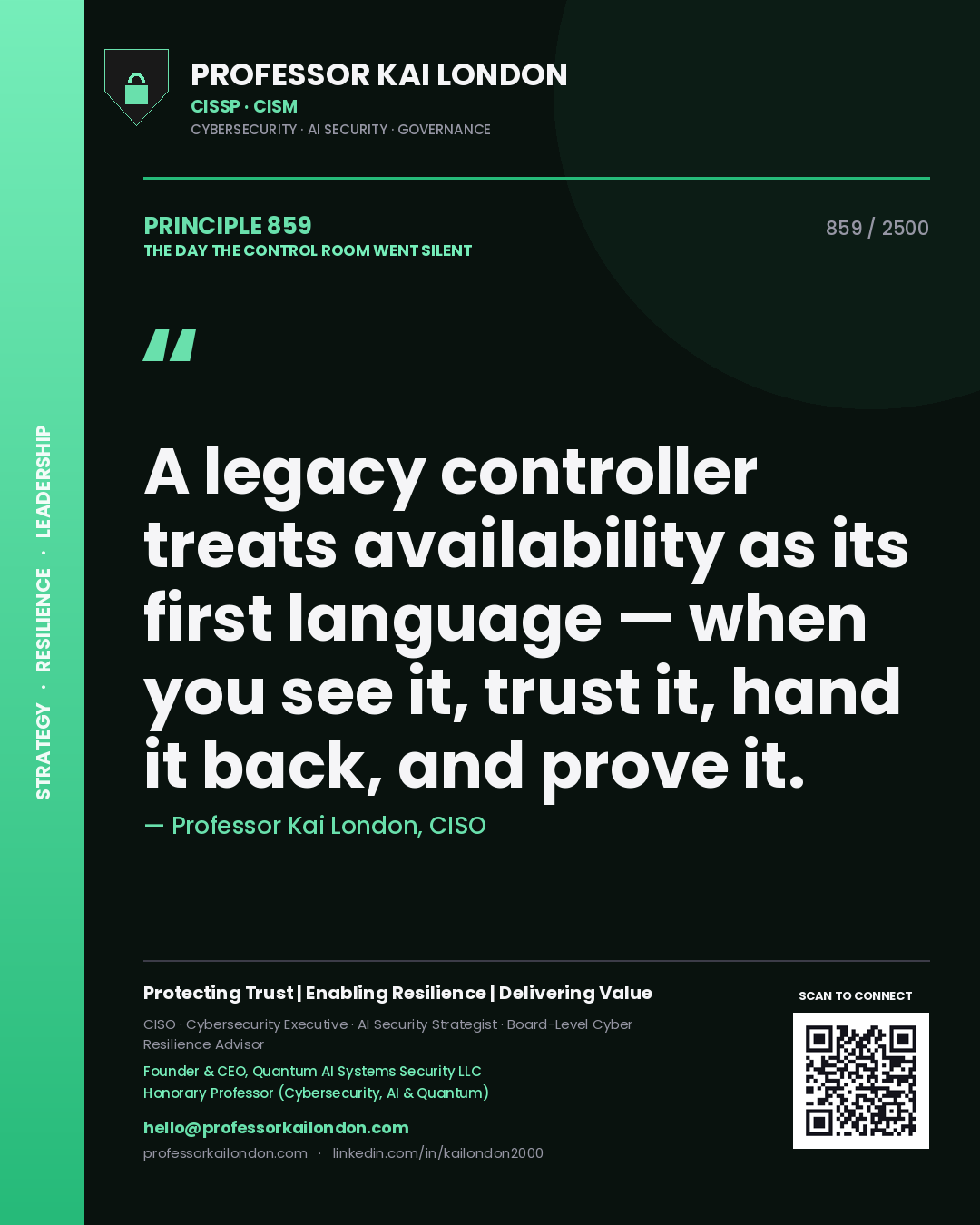 Quote card by Professor Kai London reading 'A legacy controller treats availability as its first language — when you see it, trust it, hand it back, and prove it.'. From the book The Day the Control Room Went Silent.