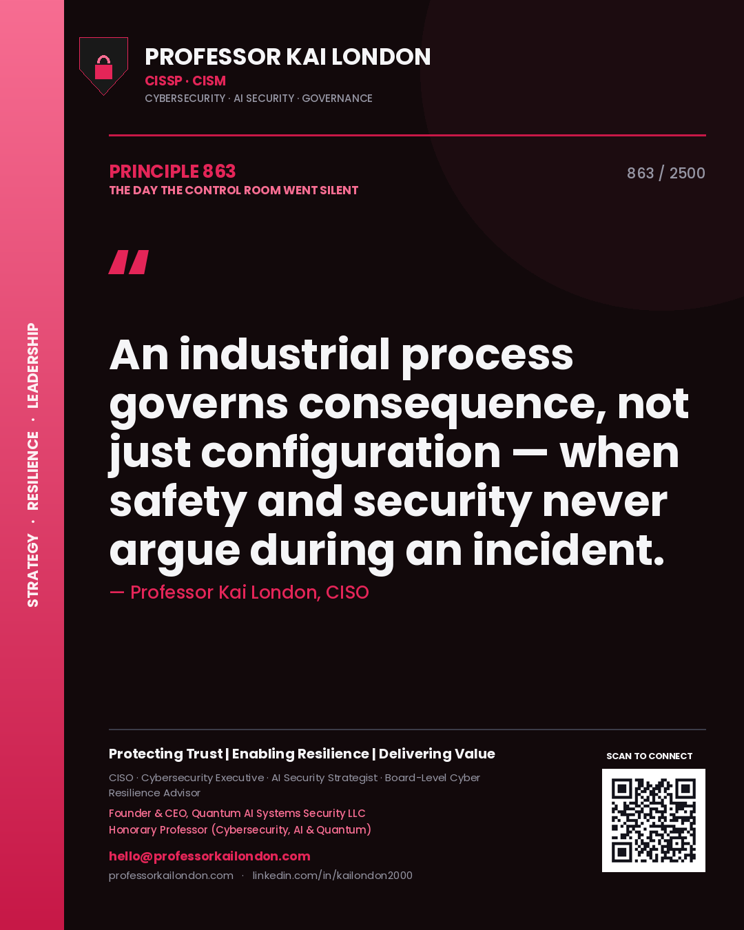 Quote card by Professor Kai London reading 'An industrial process governs consequence, not just configuration — when safety and security never argue during an incident.'. From the book The Day the Control Room Went Silent.