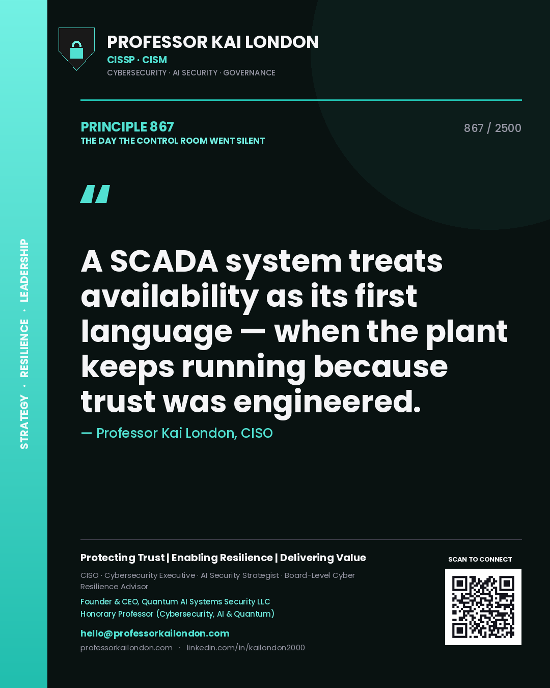 Quote card by Professor Kai London reading 'A SCADA system treats availability as its first language — when the plant keeps running because trust was engineered.'. From the book The Day the Control Room Went Silent.