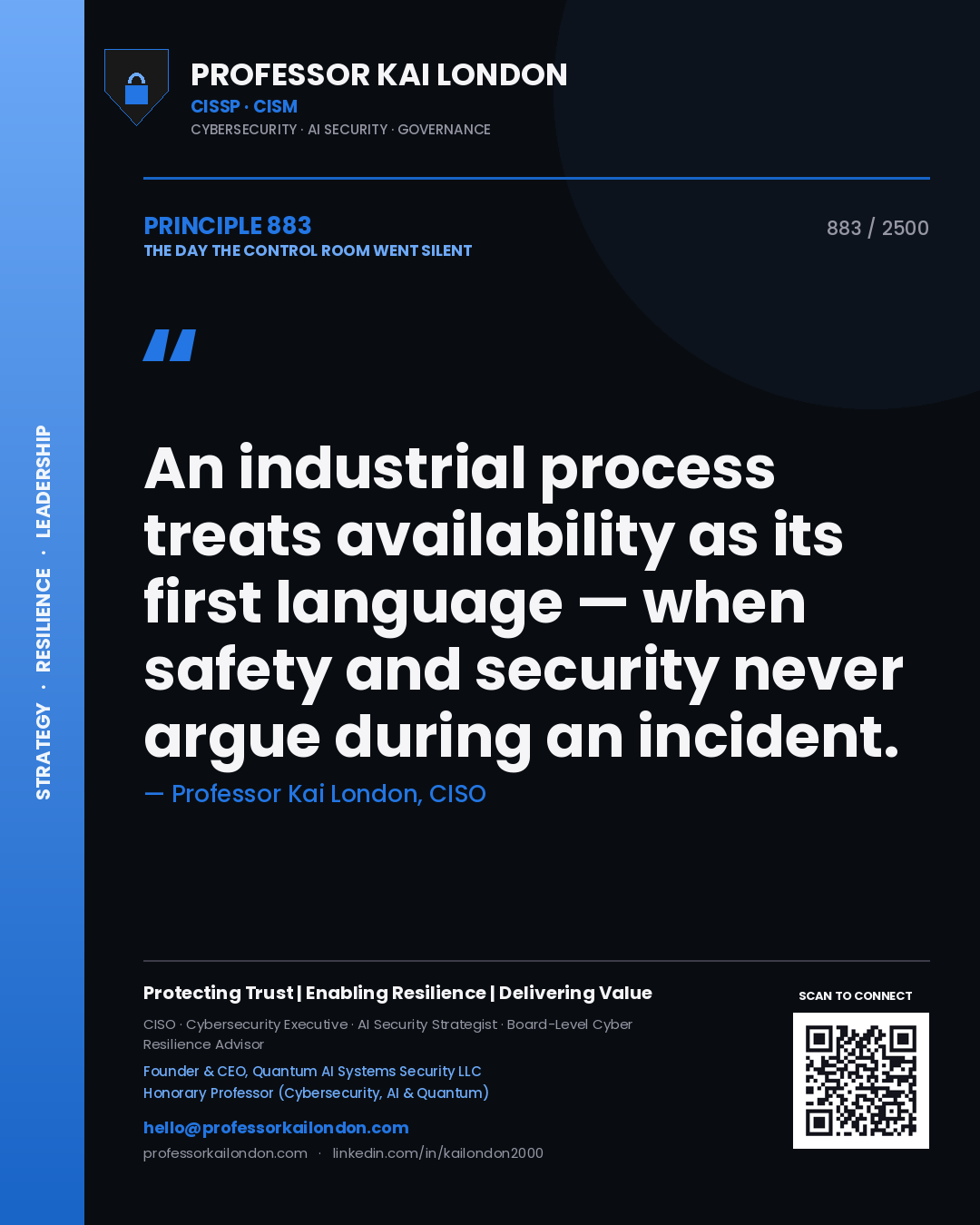 Quote card by Professor Kai London reading 'An industrial process treats availability as its first language — when safety and security never argue during an incident.'. From the book The Day the Control Room Went Silent.