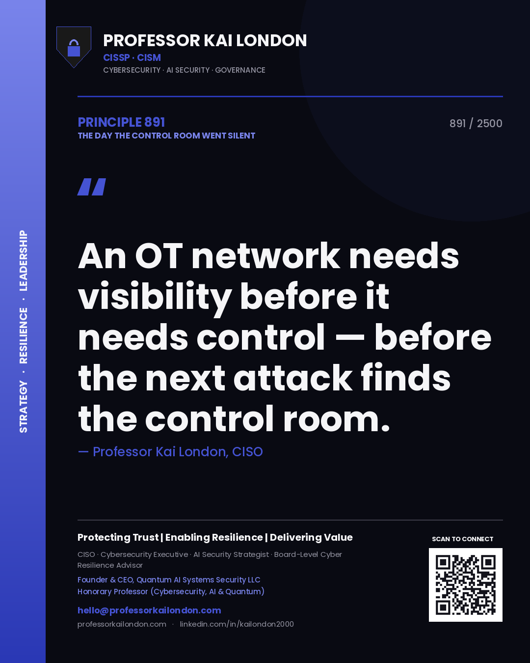 Quote card by Professor Kai London reading 'An OT network needs visibility before it needs control — before the next attack finds the control room.'. From the book The Day the Control Room Went Silent.