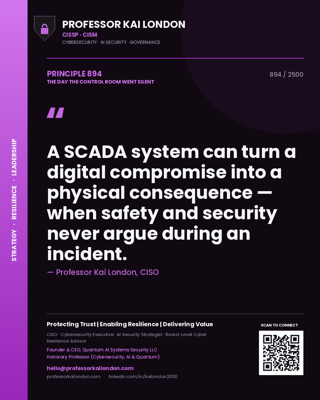 Quote card by Professor Kai London reading 'A SCADA system can turn a digital compromise into a physical consequence — when safety and security never argue during an incident.'. From the book The Day the Control Room Went Silent.