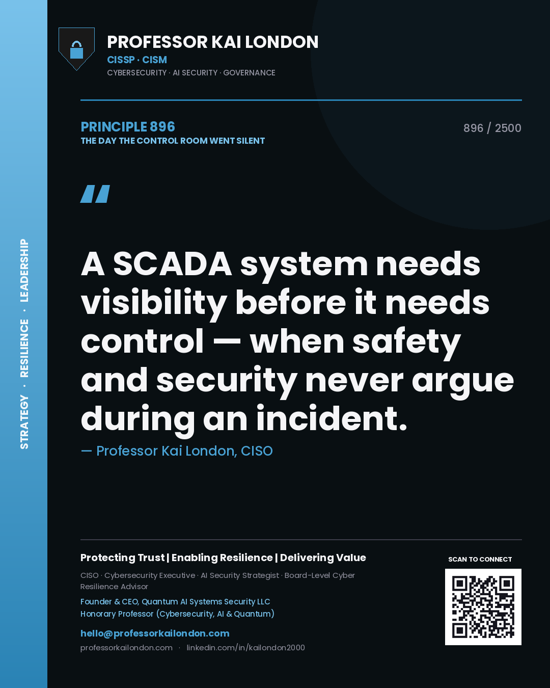 Quote card by Professor Kai London reading 'A SCADA system needs visibility before it needs control — when safety and security never argue during an incident.'. From the book The Day the Control Room Went Silent.