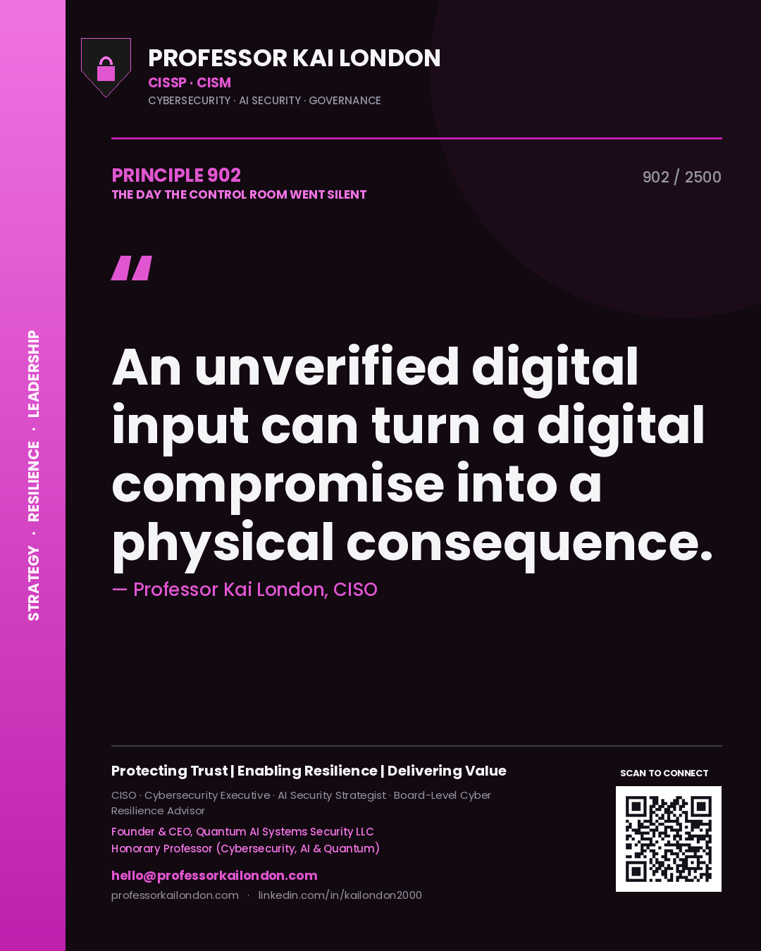 Quote card by Professor Kai London reading 'An unverified digital input can turn a digital compromise into a physical consequence.'. From the book The Day the Control Room Went Silent.