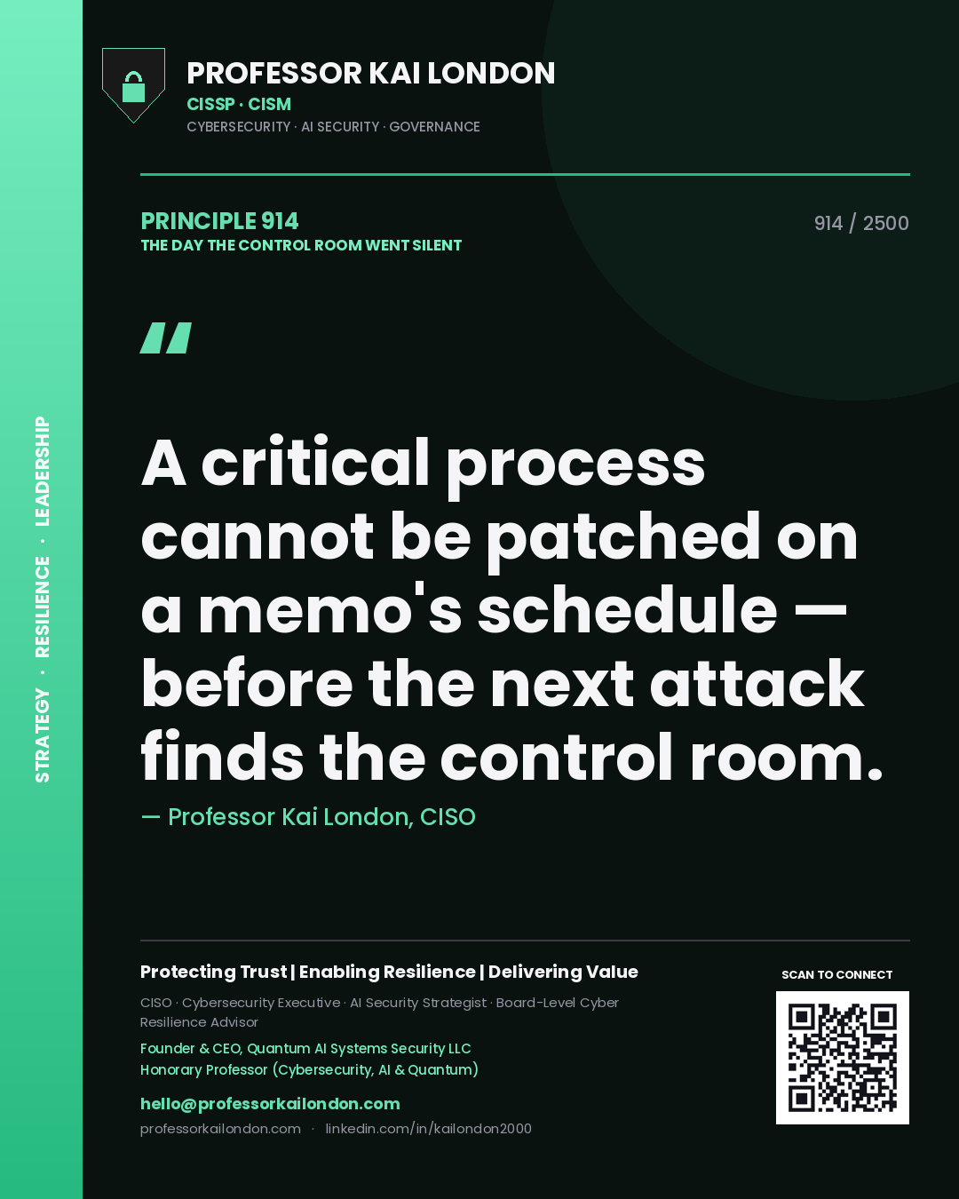 Quote card by Professor Kai London reading 'A critical process cannot be patched on a memo's schedule — before the next attack finds the control room.'. From the book The Day the Control Room Went Silent.