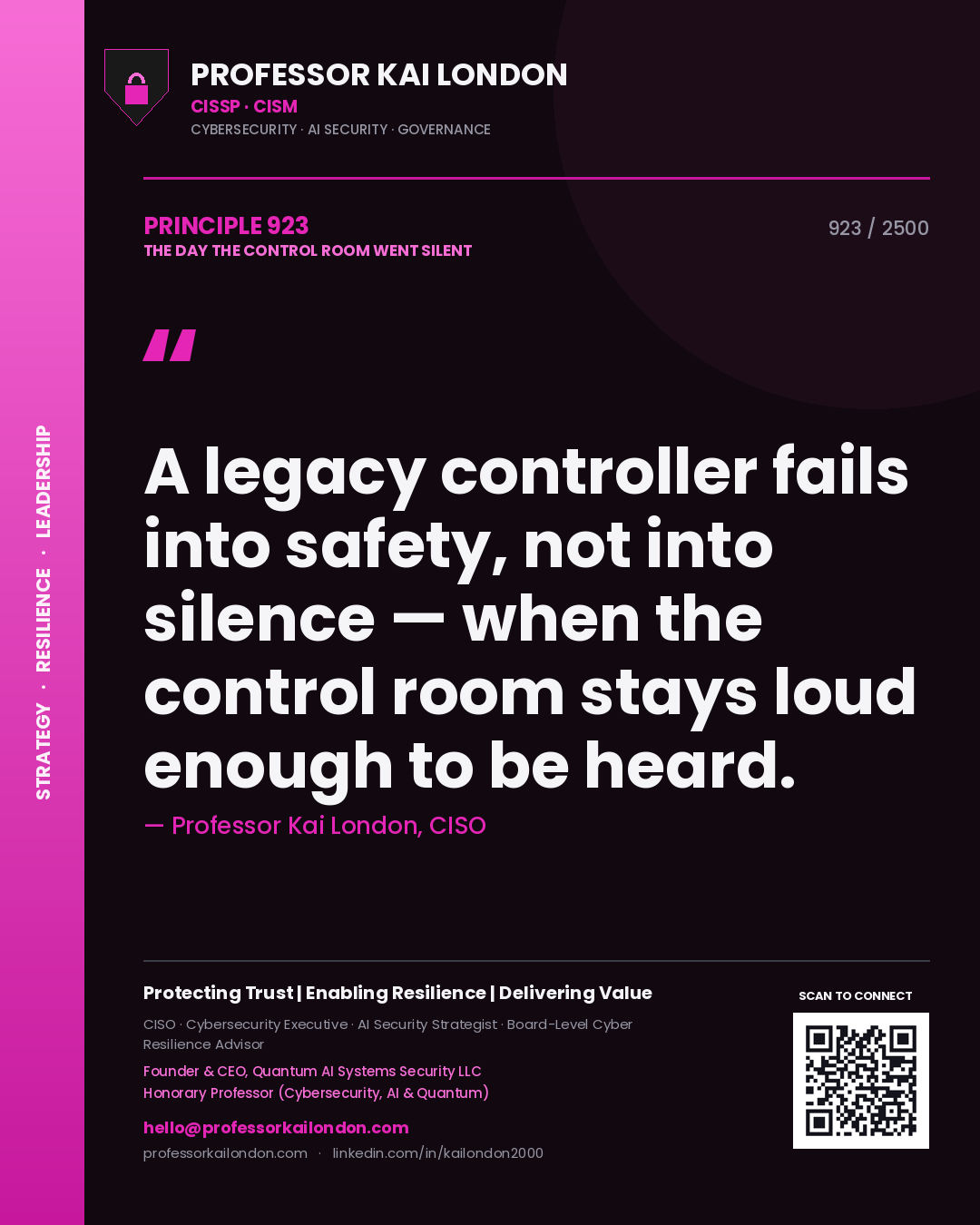 Quote card by Professor Kai London reading 'A legacy controller fails into safety, not into silence — when the control room stays loud enough to be heard.'. From the book The Day the Control Room Went Silent.