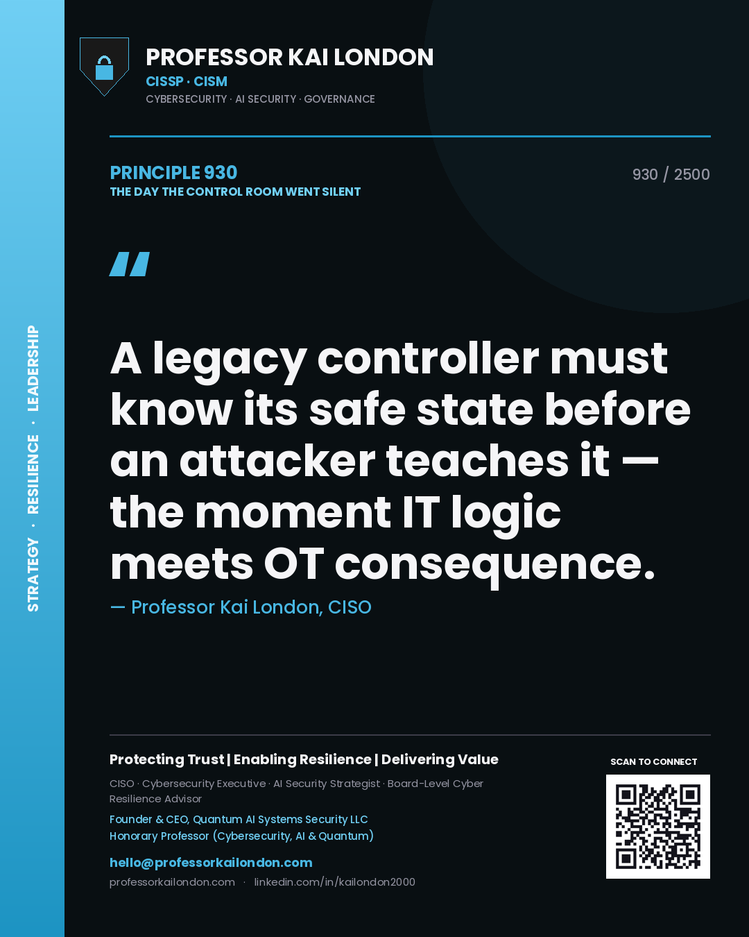 Professor Kai London principle 930: A legacy controller must know its safe state before an attacker teaches it — the moment IT logic meets OT consequence.