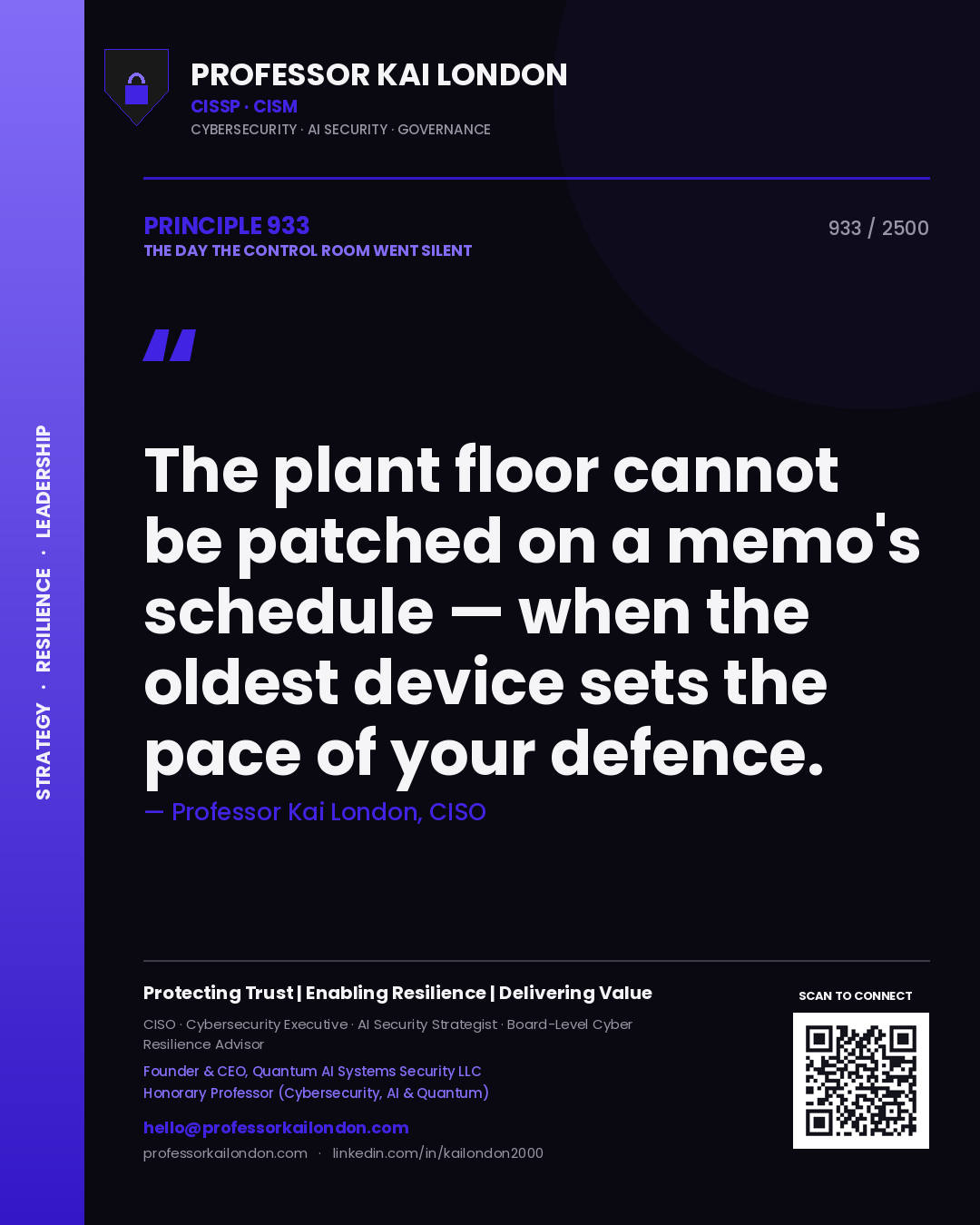 Professor Kai London principle 933: The plant floor cannot be patched on a memo's schedule — when the oldest device sets the pace of your defence.