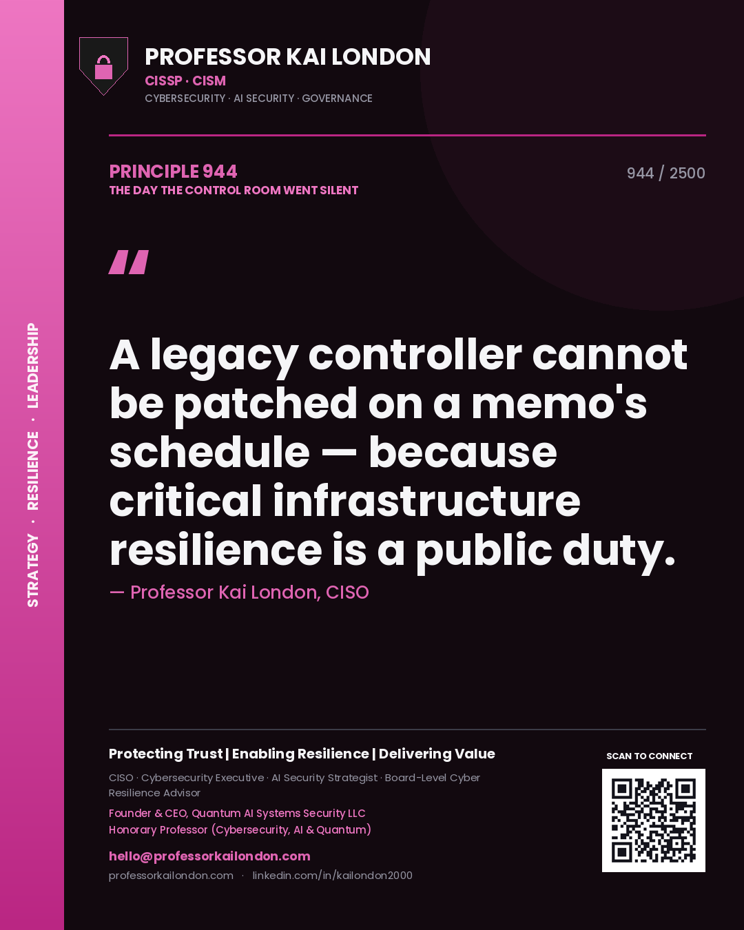 Professor Kai London principle 944: A legacy controller cannot be patched on a memo's schedule — because critical infrastructure resilience is a public duty.
