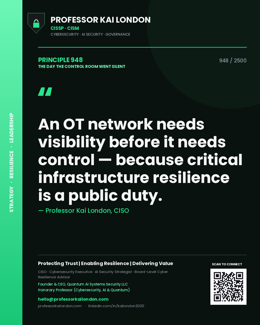 Quote card by Professor Kai London reading 'An OT network needs visibility before it needs control — because critical infrastructure resilience is a public duty.'. From the book The Day the Control Room Went Silent.