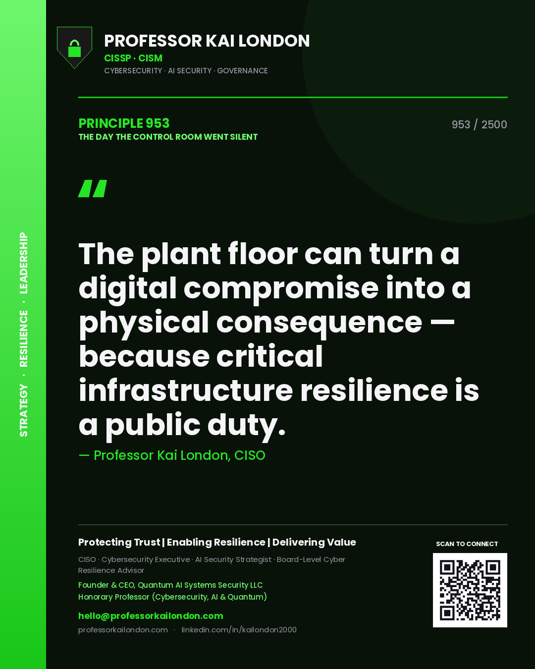 Quote card by Professor Kai London reading 'The plant floor can turn a digital compromise into a physical consequence — because critical infrastructure resilience is a public duty.'. From the book The Day the Control Room Went Silent.