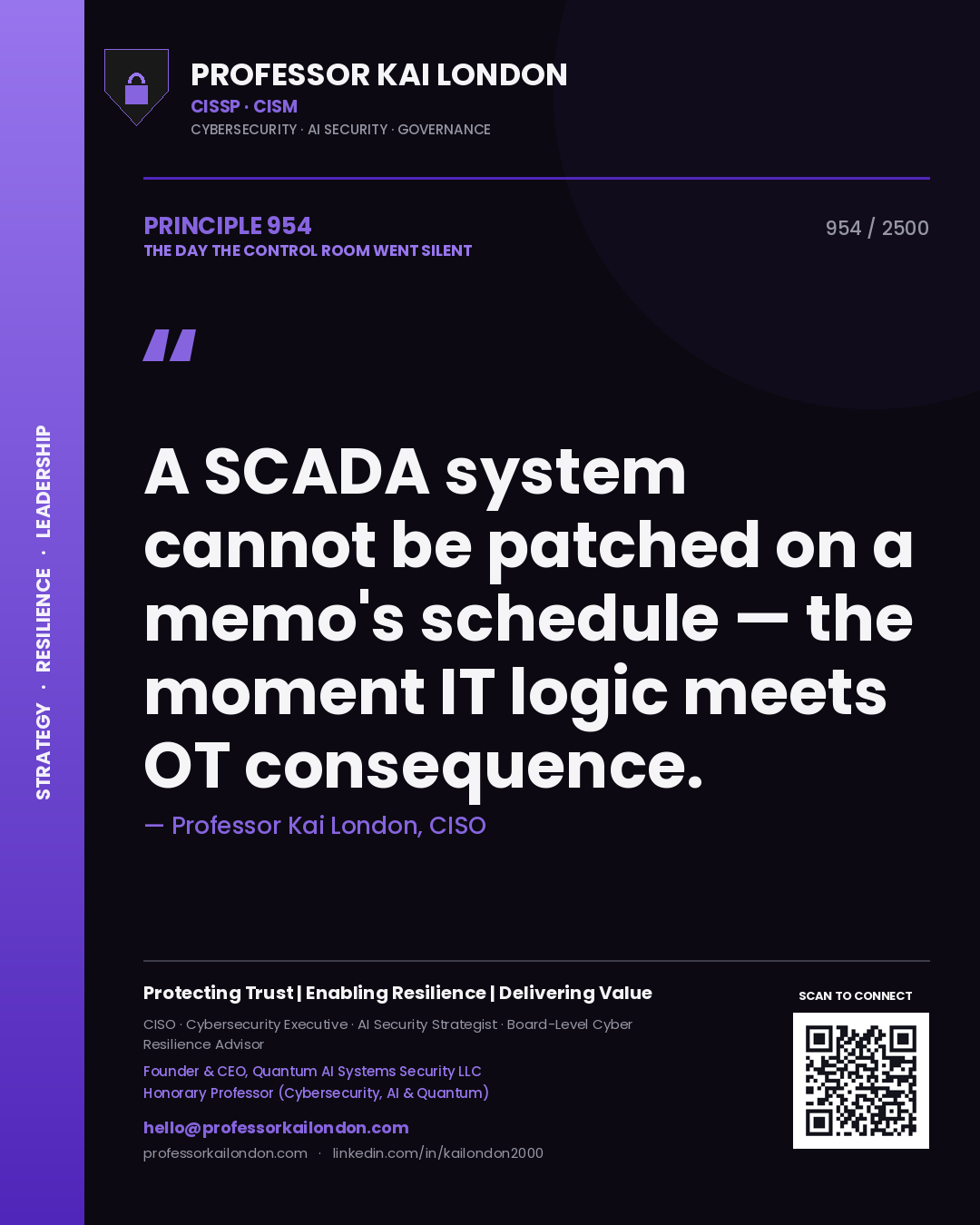 Professor Kai London principle 954: A SCADA system cannot be patched on a memo's schedule — the moment IT logic meets OT consequence.