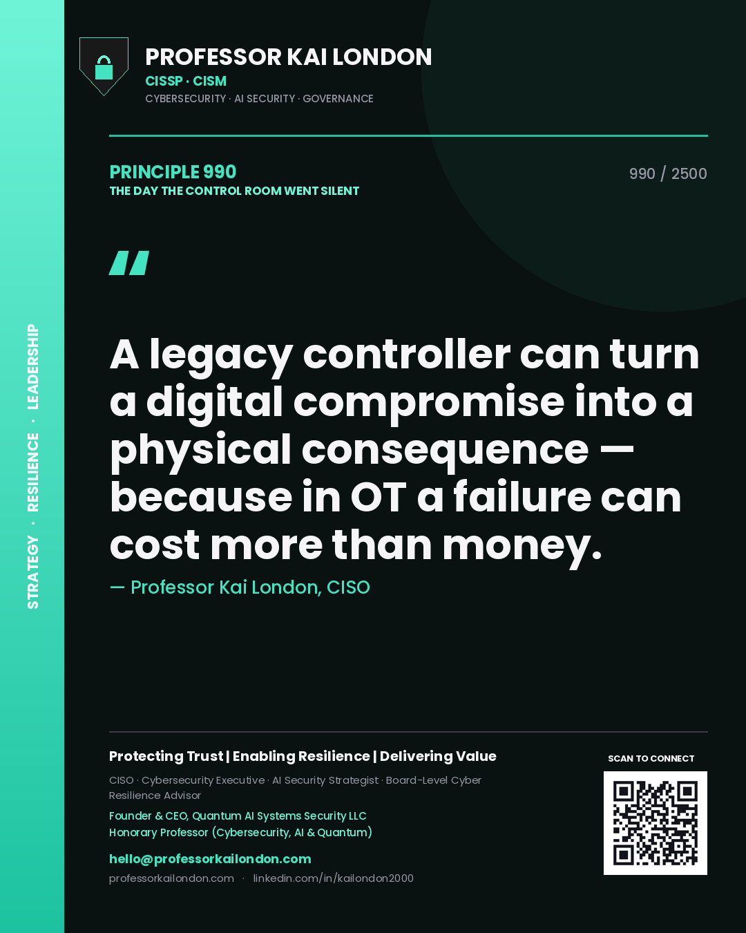 Quote card by Professor Kai London reading 'A legacy controller can turn a digital compromise into a physical consequence — because in OT a failure can cost more than money.'. From the book The Day the Control Room Went Silent.