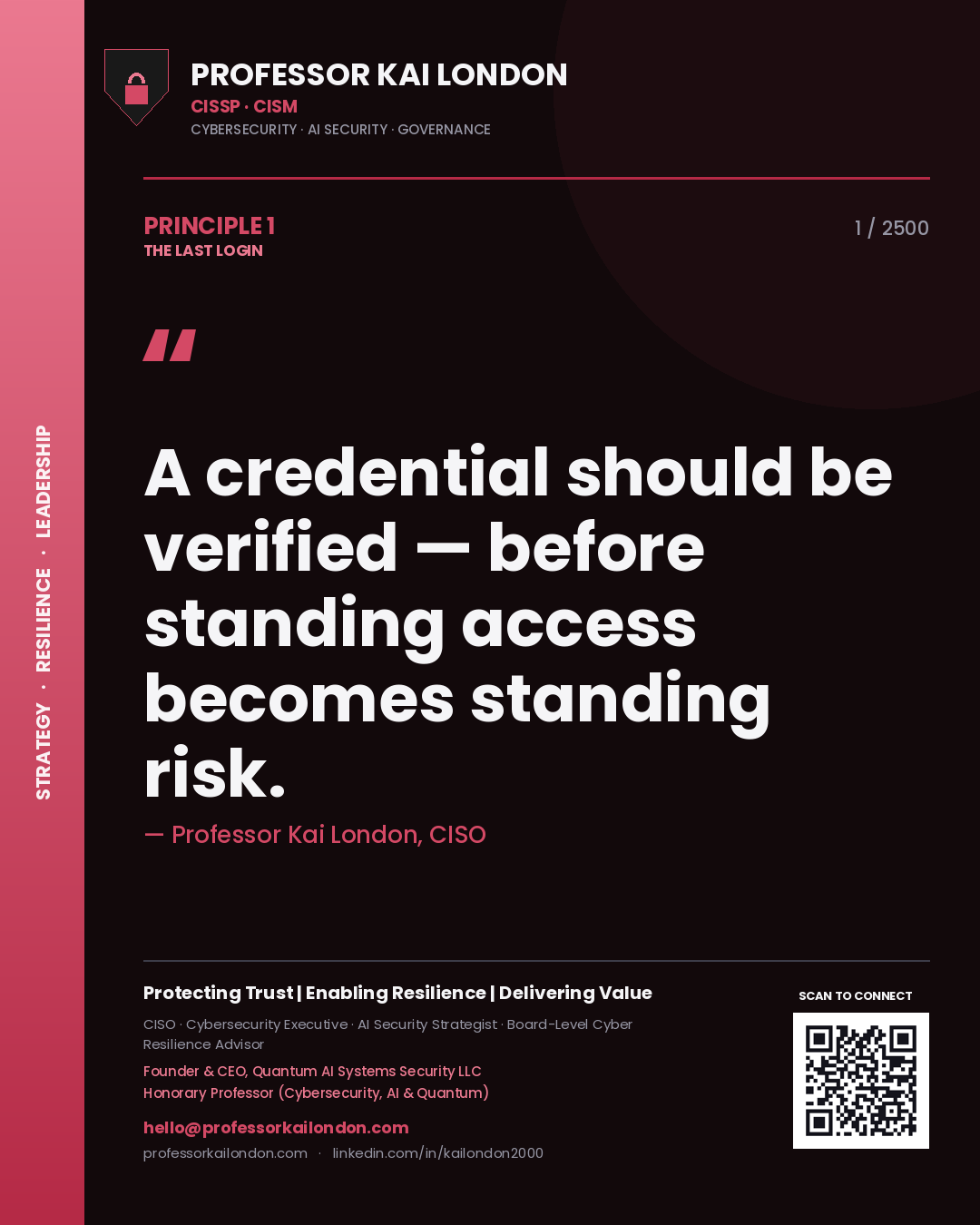 Quote card by Professor Kai London reading 'A credential should be verified — before standing access becomes standing risk.'. From the book The Last Login.