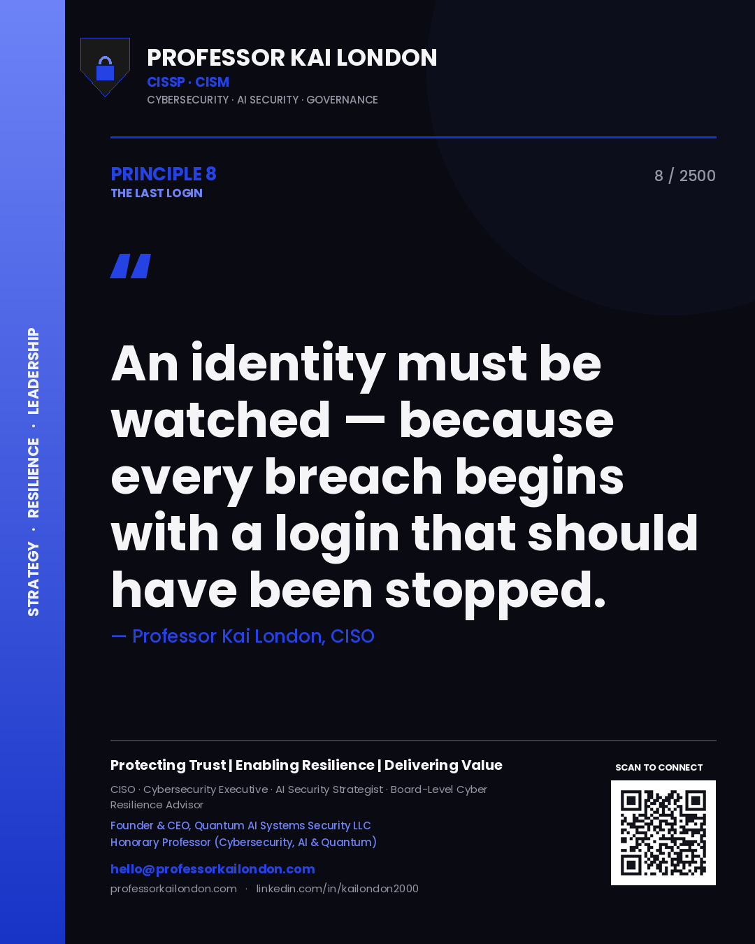Professor Kai London principle 8: An identity must be watched — because every breach begins with a login that should have been stopped.