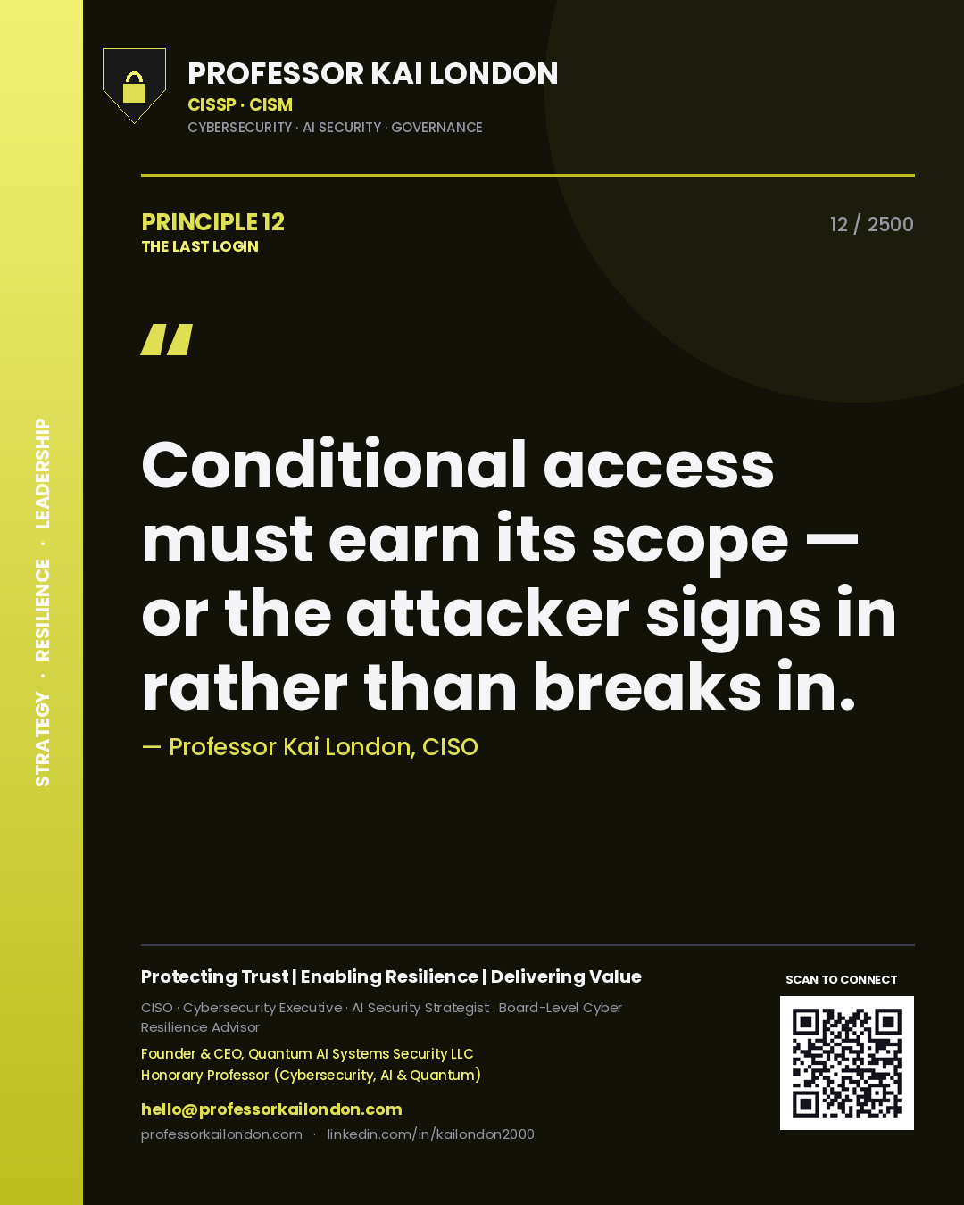 Professor Kai London principle 12: Conditional access must earn its scope — or the attacker signs in rather than breaks in.